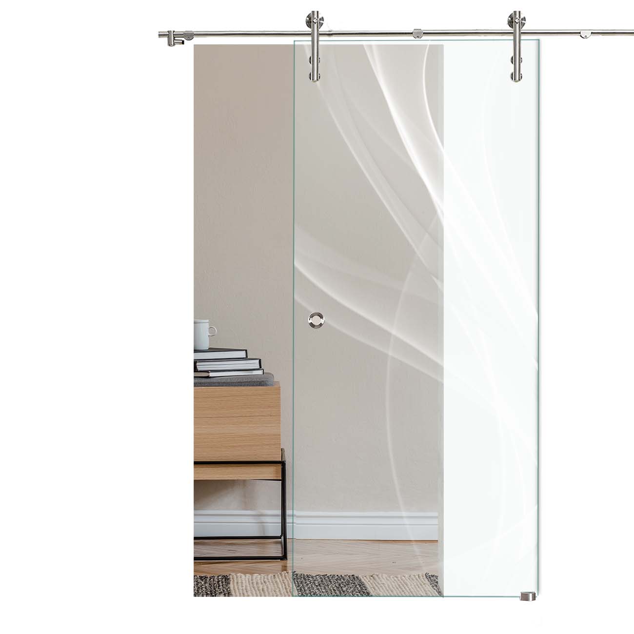 Schiebetür Nebel "LD004" mit V1000-Schiebesystem und Lasergravur