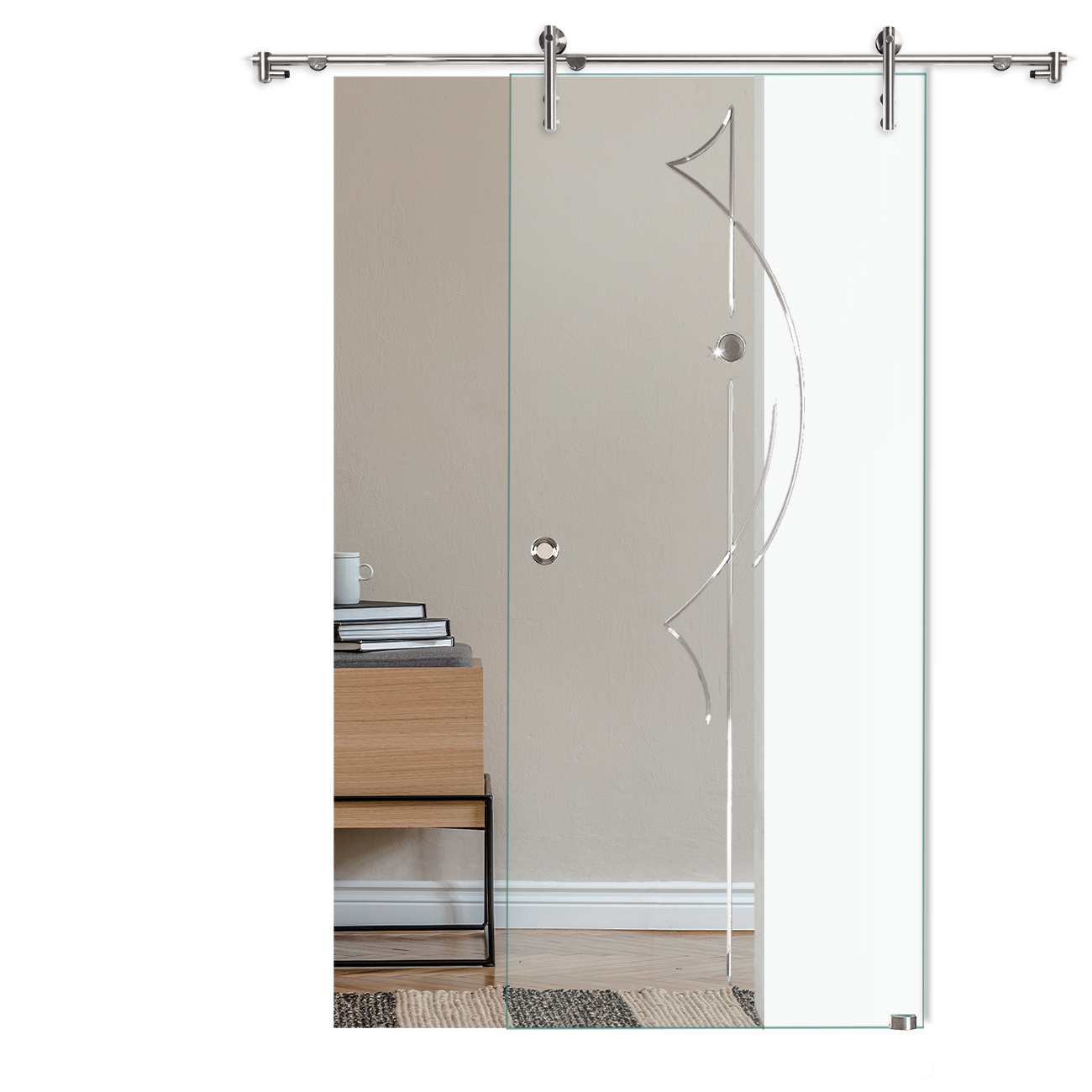 Schiebetür "813" mit V1000-Schiebesystem, mit einem Schmuckstein und mit Rillenschliff