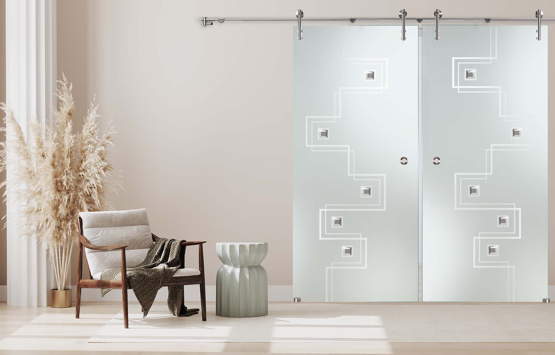 Doppelschiebetür "265-S" mit V1000-Schiebesystem, Facettensteinen und Sandstrahlung