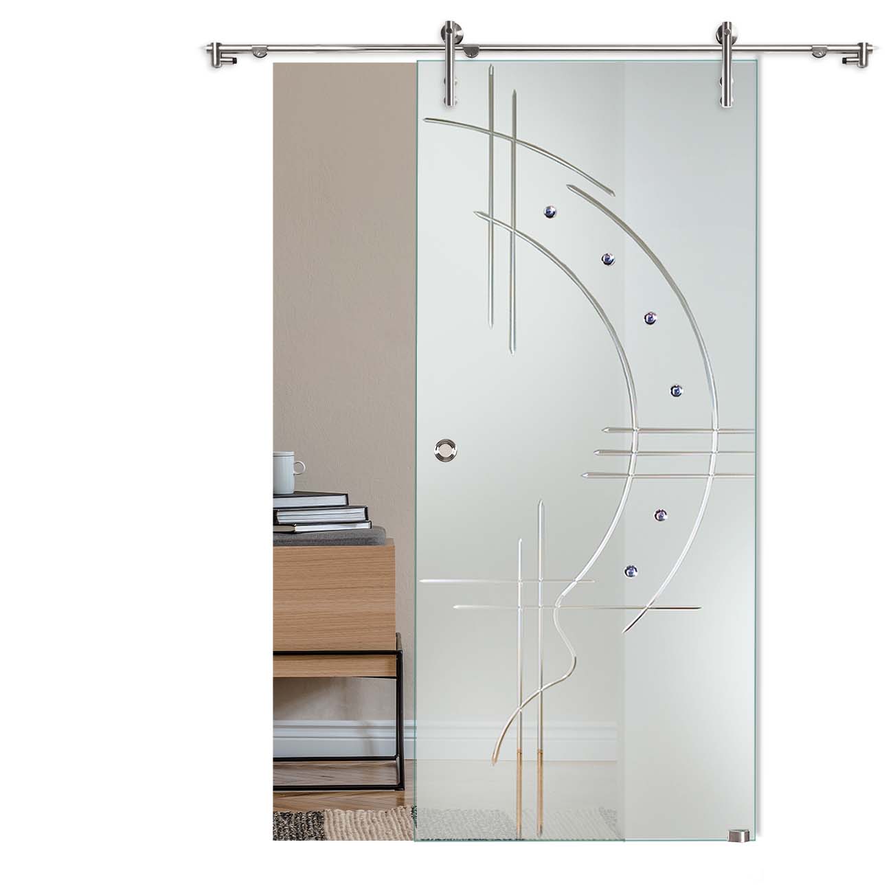 Schiebetür "866 S" mit V1000-Schiebesystem, Schmucksteinen und Rillenschliff