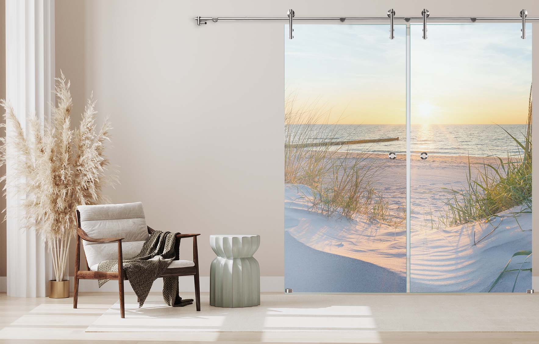 Doppelschiebetür Sonnenaufgang "1105" mit V1000-Schiebesystem und Digitaldruck