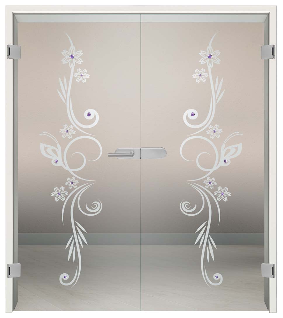 Komplettset Doppelflügeltür mit Sandstrahlung und Schmucksteinen "284"inkl. Blendrahmen & Beschlag