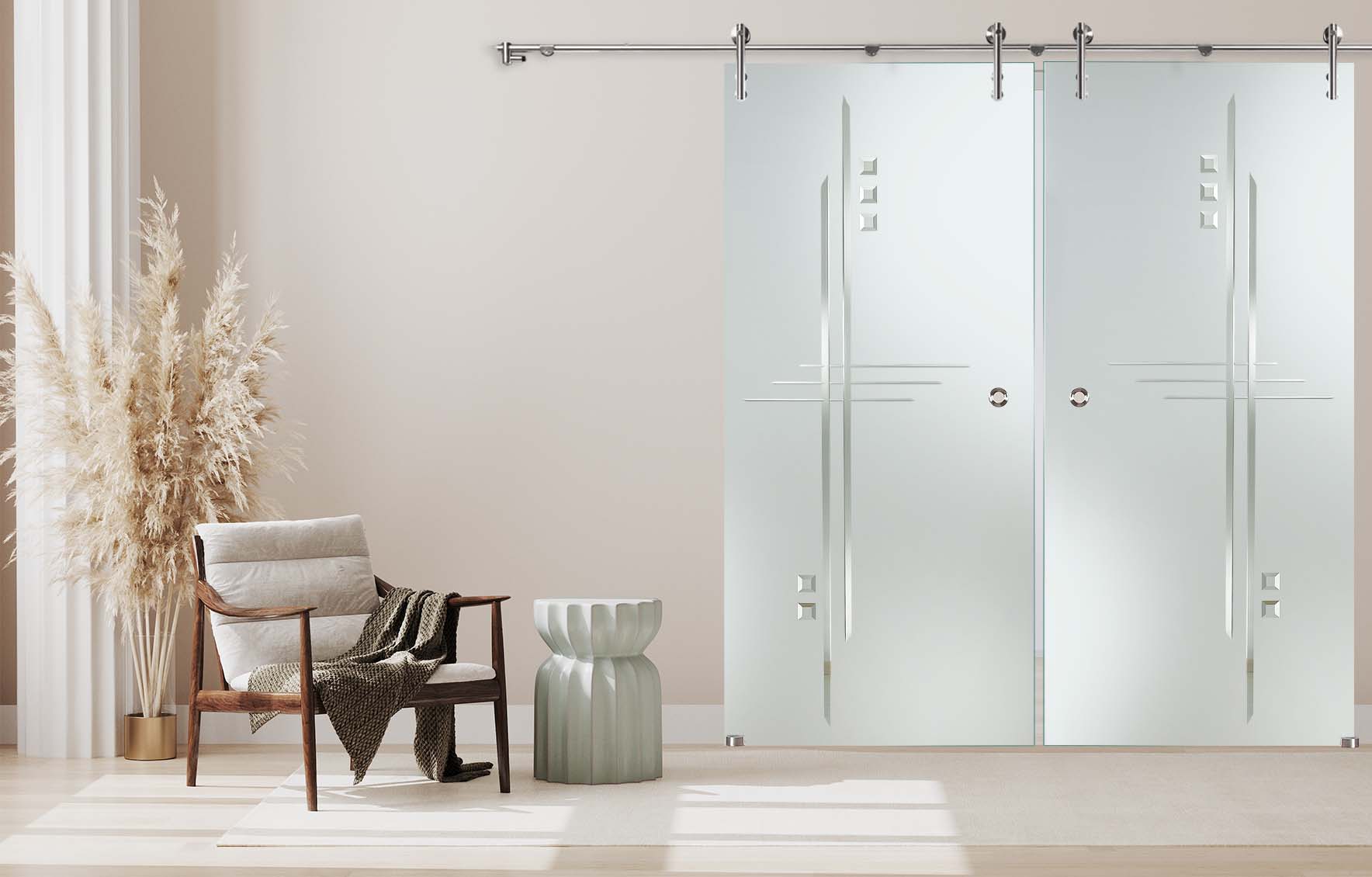 Doppelschiebetür "883-S" mit V1000-Schiebesystem, Facettensteinen und Rillenschliff