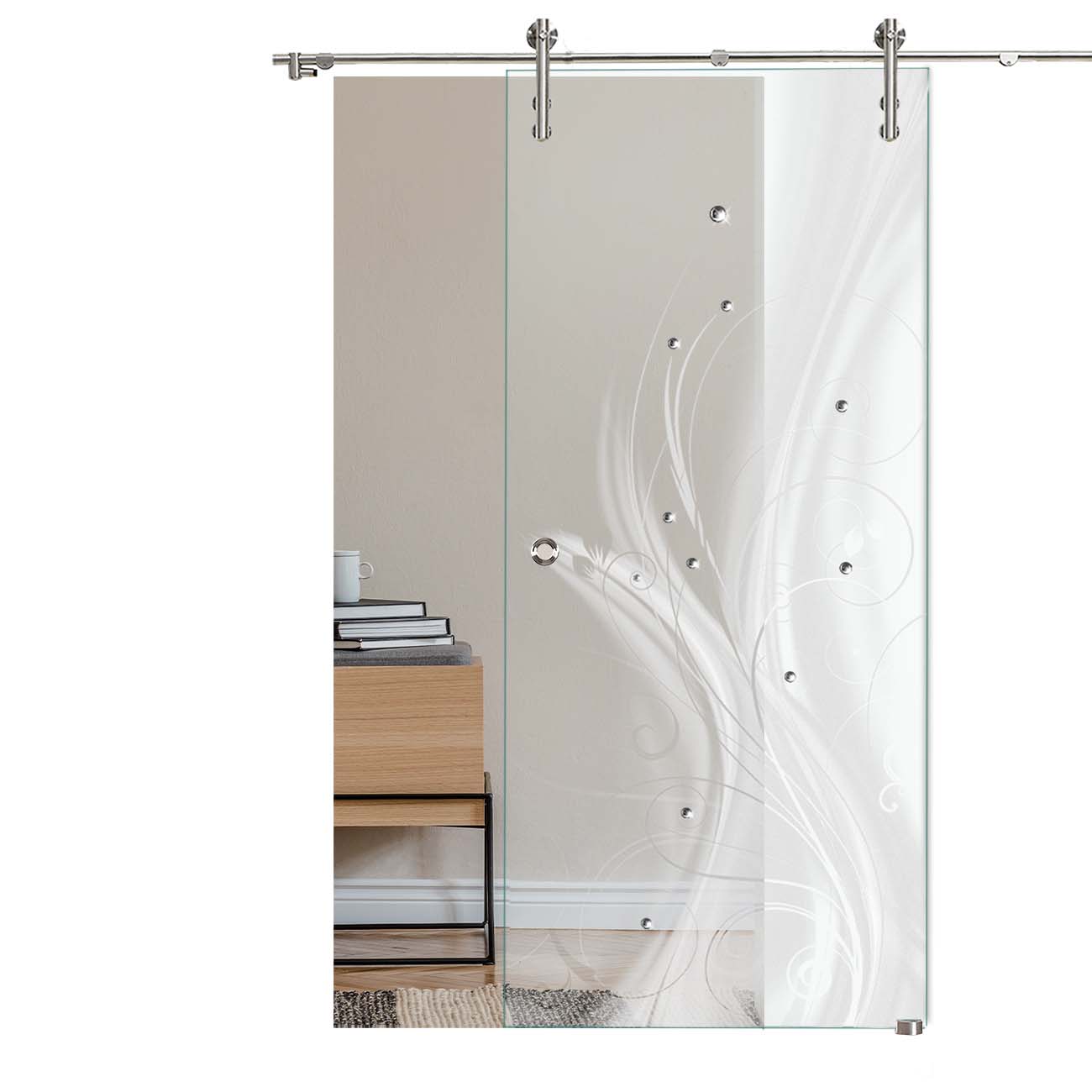 Schiebetür Floral "LD005" mit V1000-Schiebesystem, Schmucksteinen und Lasergravur