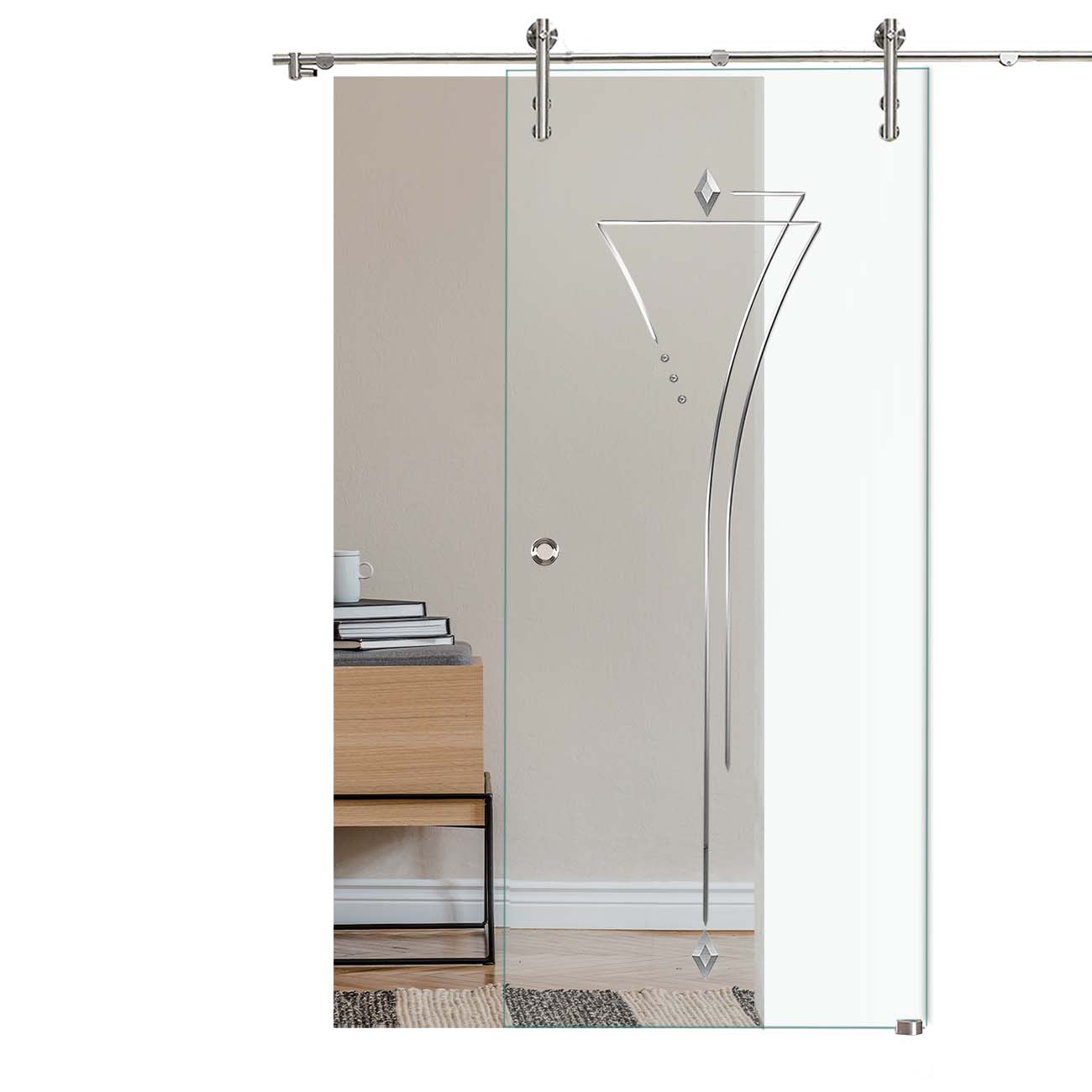 Schiebetür "817" mit V1000-Schiebesystem, mit Schmucksteinen und Rillenschliff