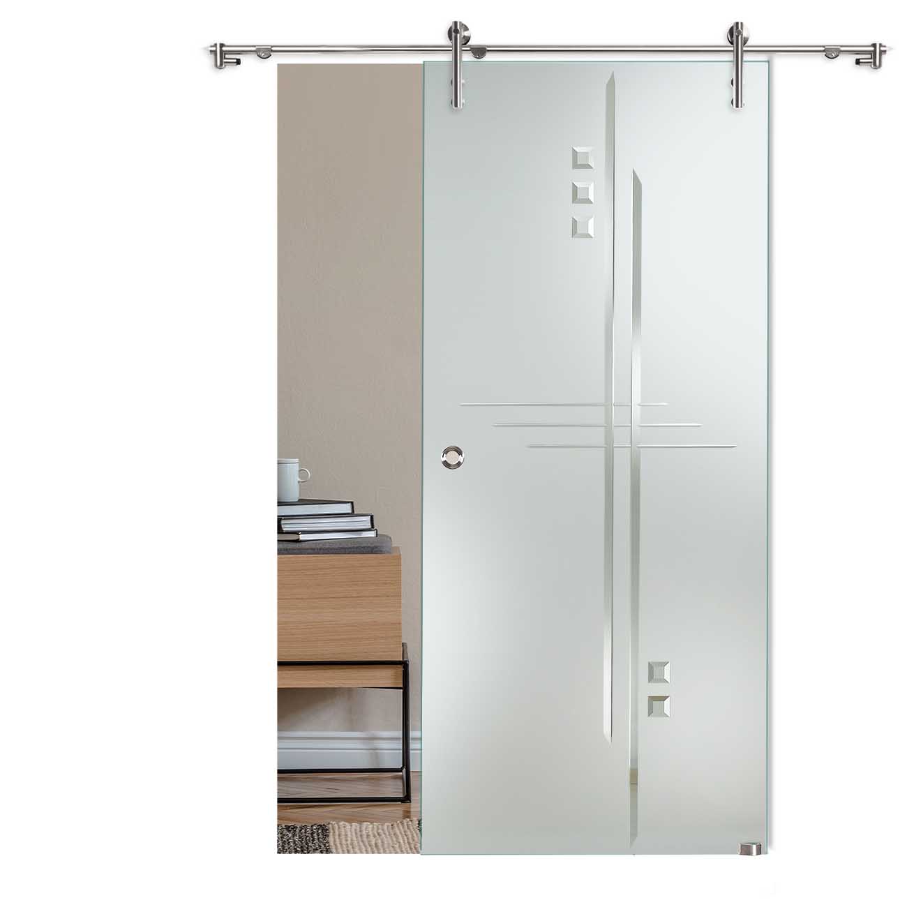 Schiebetür "883" mit V1000-Schiebesystem, Schmucksteinen und Rillenschliff