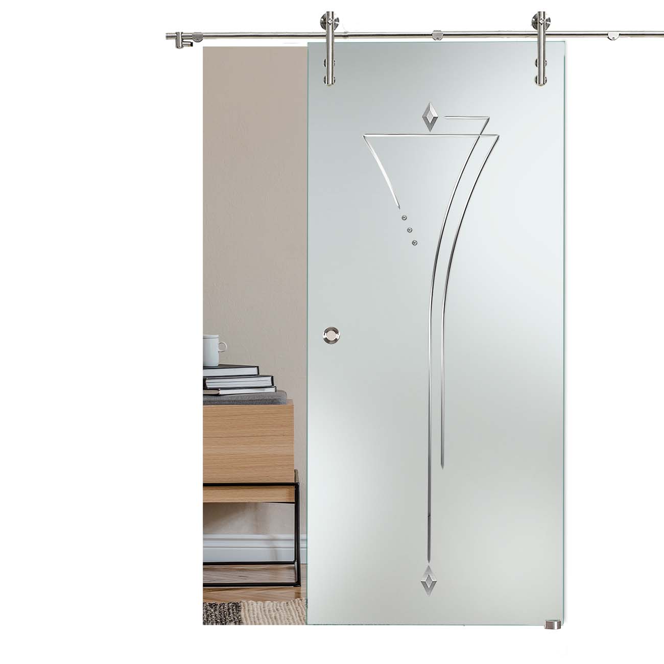Schiebetür "817" mit V1000-Schiebesystem, mit Schmucksteinen und Rillenschliff