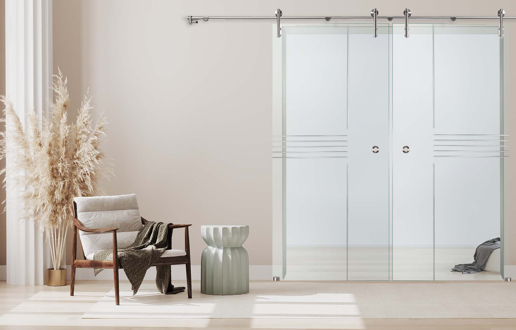 Doppelschiebetür "888-F" mit V1000-Schiebesystem und Rillenschliff