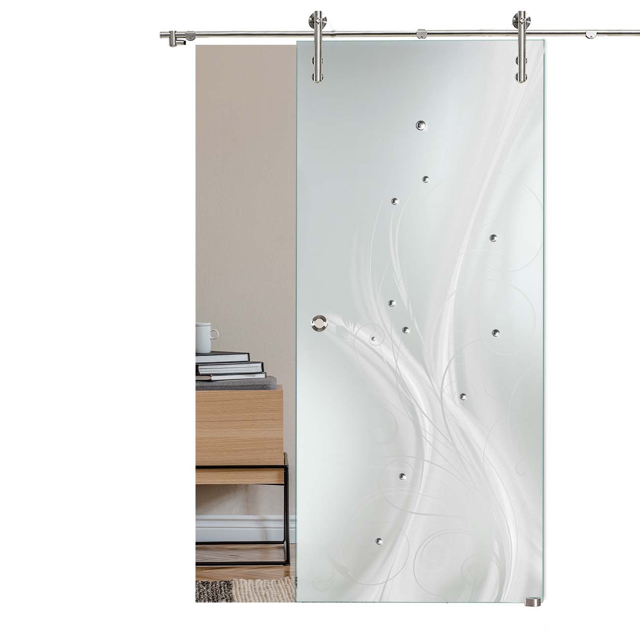 Schiebetür "LD005" mit V1000-Schiebesystem, Schmucksteinen und Lasergravur