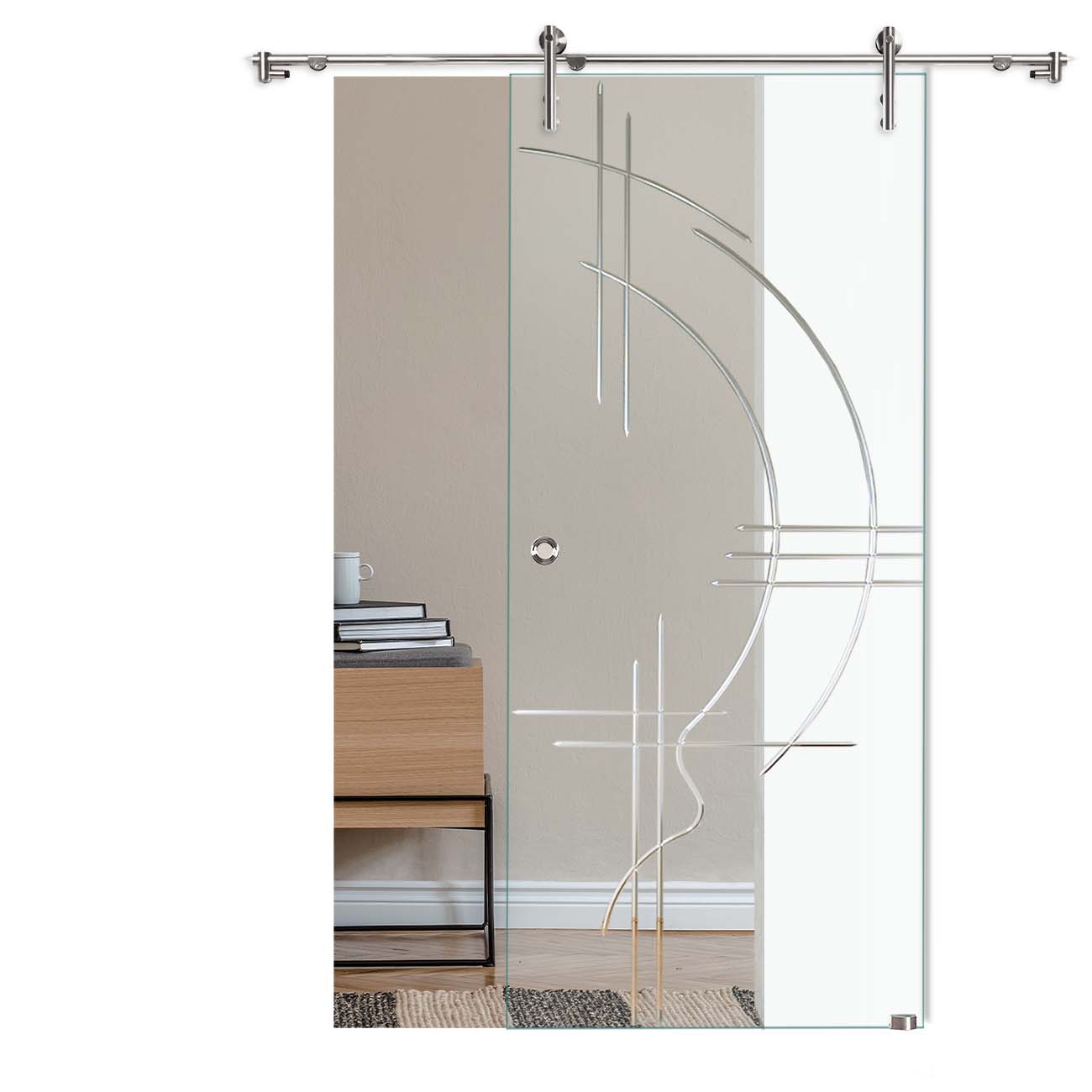 Schiebetür "866 F OS" mit V1000-Schiebesystem und Rillenschliff