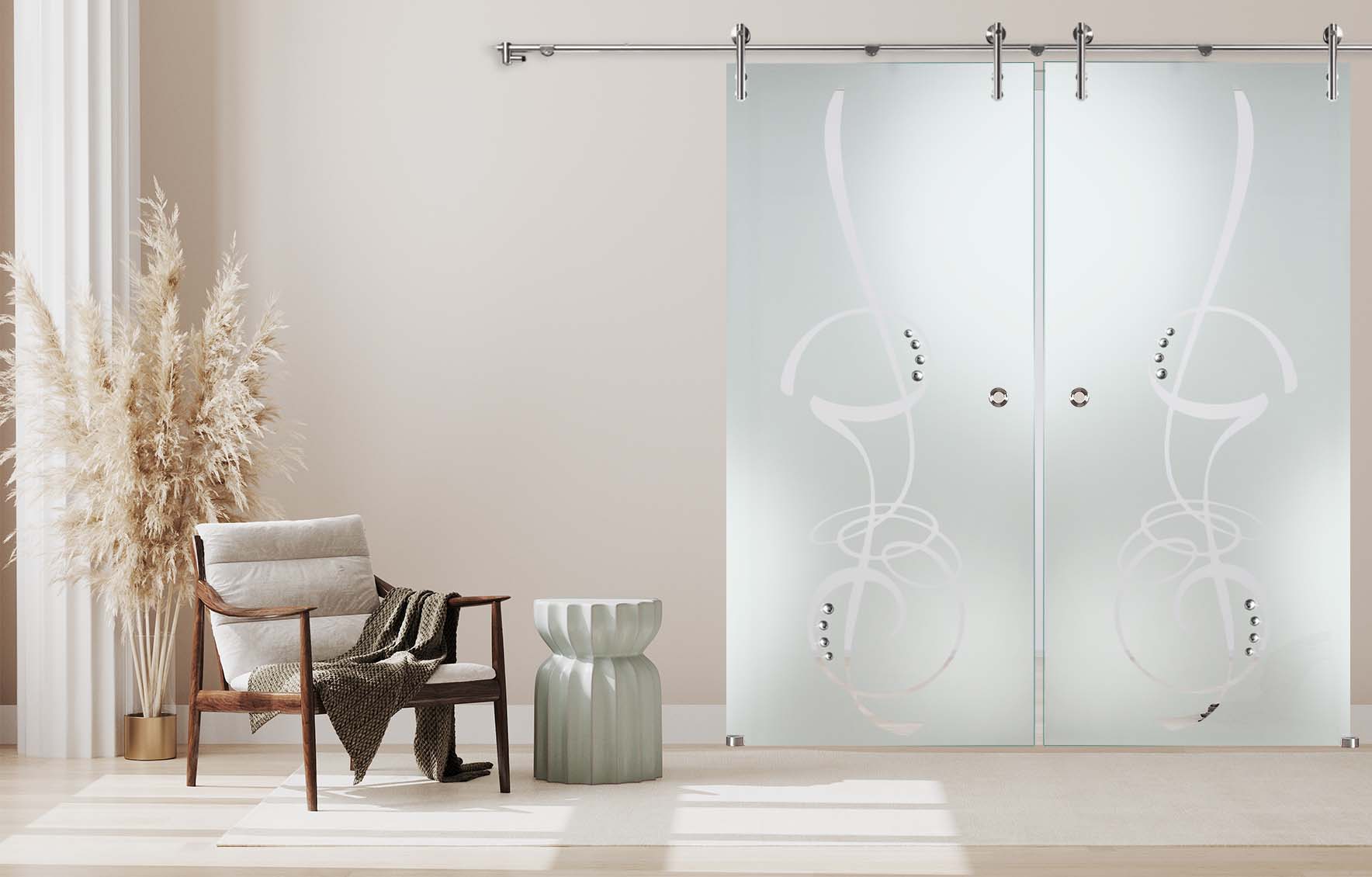 Doppelschiebetür "287-F2" mit V1000-Schiebesystem, Schmucksteinen und Sandstrahlung