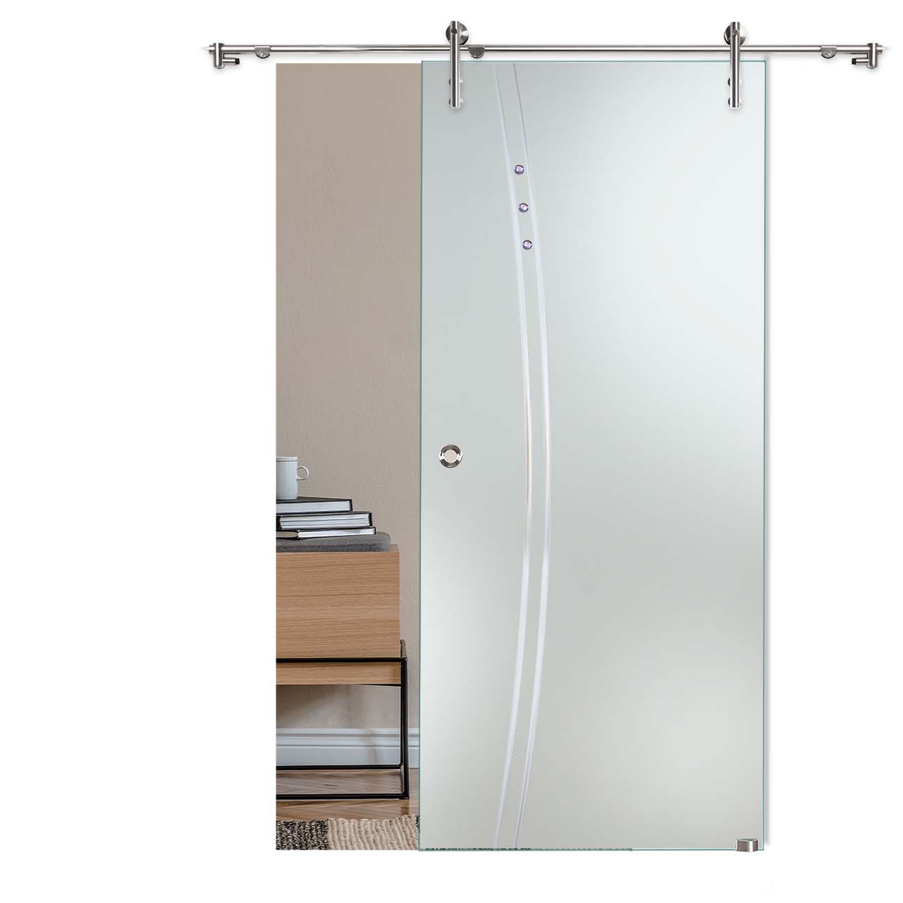 Schiebetür "909" mit V1000-Schiebesystem, Schmucksteinen und Rillenschliff