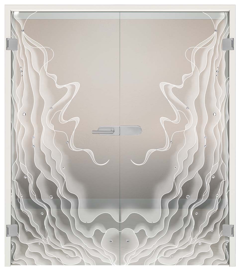 Komplettset Doppelflügeltür mit Sandstrahlung und Schmucksteinen "228"inkl. Blendrahmen & Beschlag